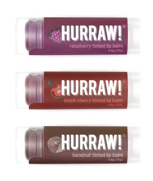 Hurraw! Raspberry Tinted, Black Cherry Tinted, Hazelnut Tinted Lip Balms, 3 Pack Bundle: Organic, Vegan, Cruelty & Gluten Free. Non-GMO, 100% Natural. Bee, Shea, Soy & Palm Free. Made in USA