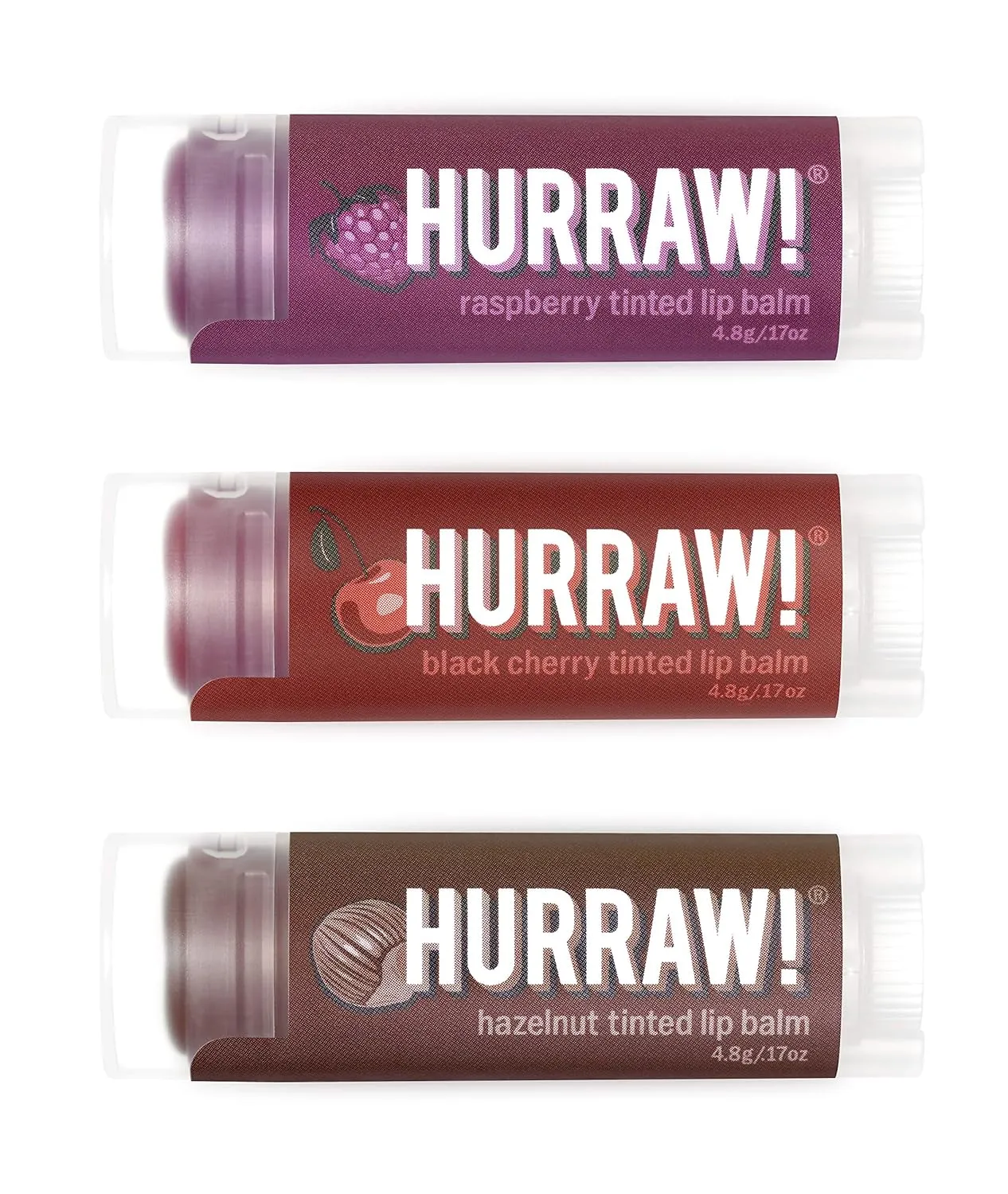 Hurraw! Raspberry Tinted, Black Cherry Tinted, Hazelnut Tinted Lip Balms, 3 Pack Bundle: Organic, Vegan, Cruelty & Gluten Free. Non-GMO, 100% Natural. Bee, Shea, Soy & Palm Free. Made in USA