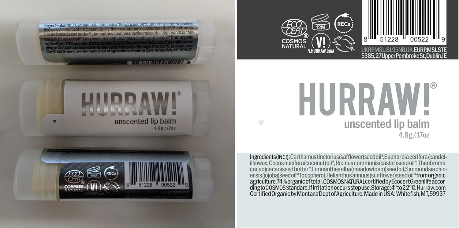 Hurraw! Unscented Lip Balm, 3 Pack: Organic, Certified Vegan, Cruelty and Gluten Free. Non-GMO, 100% Natural Ingredients. Bee, Shea, Soy and Palm Free. Made in USA