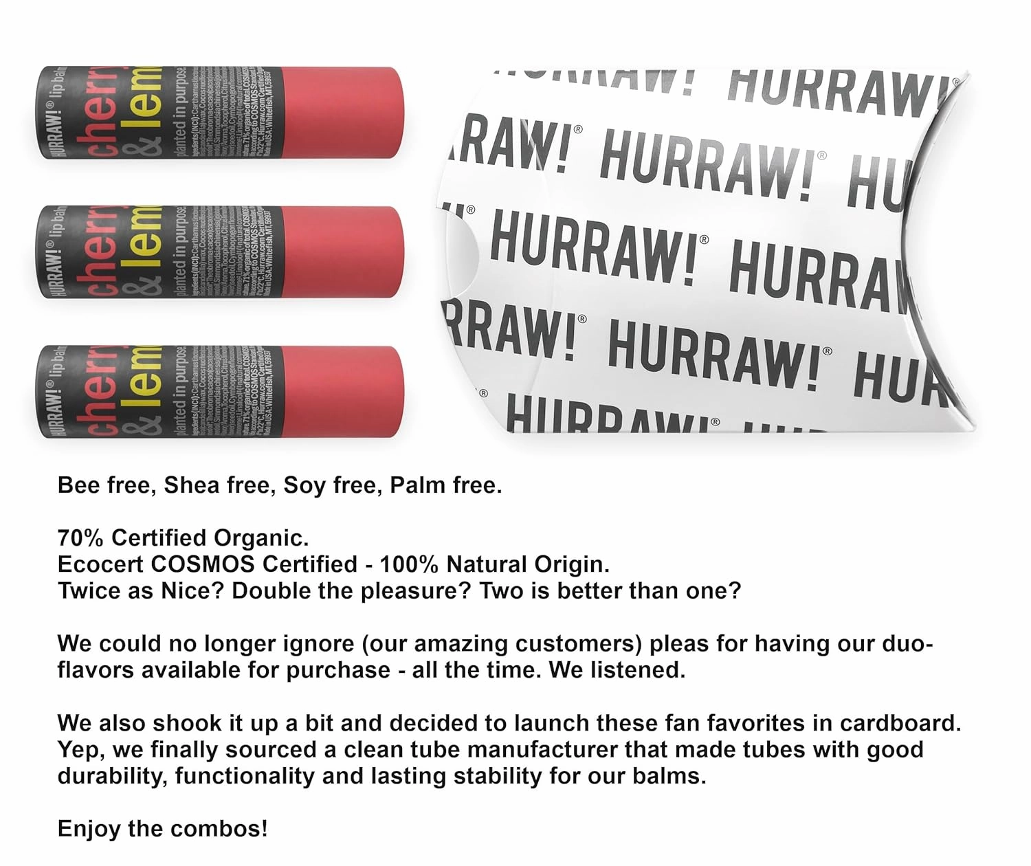 Hurraw! Cherry & Lemon Lip Balm, 3 Pack: Plastic-Free with new cardboard push-up tube. Certified Organic, All Natural Origin, Vegan & Cruelty Free. Gluten Free. Bee, Shea, Soy & Palm Free. Made in USA
