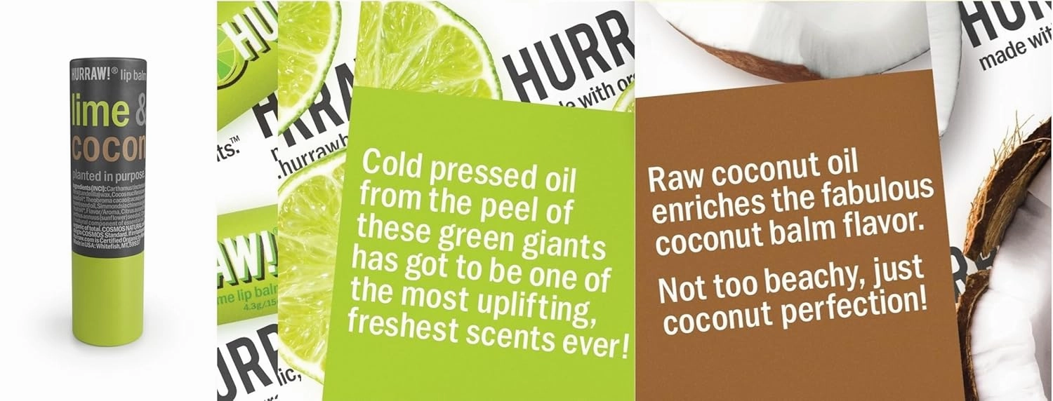 Hurraw! Lime & Coconut Lip Balm, 3 Pack: Plastic-Free with new cardboard push-up tube. Certified Organic, All Natural Origin, Vegan & Cruelty Free. Gluten Free. Bee, Shea, Soy & Palm Free. Made in USA