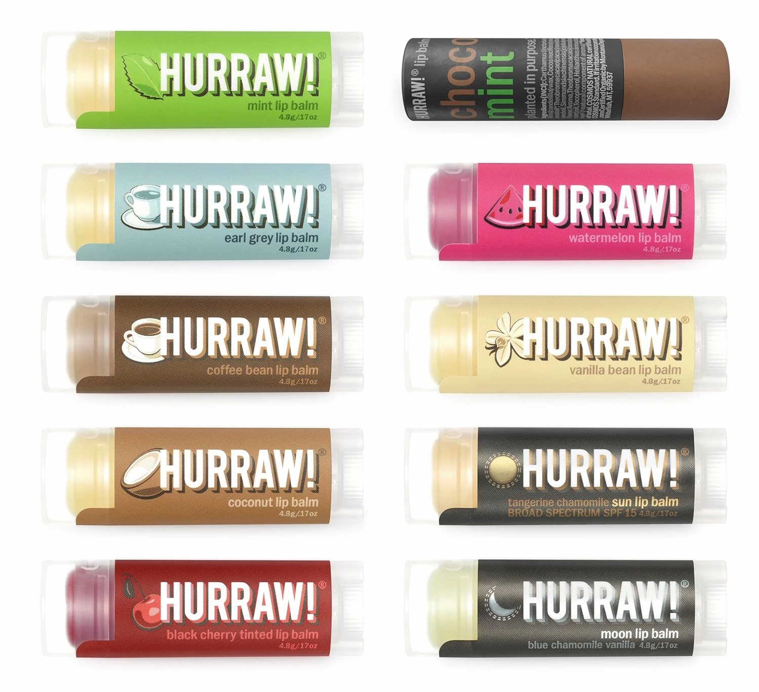 Hurraw! Lip Balms: Staff Favorites, 10 Balms Bundle Pack – Mint, Early Grey, Coffee Bean, Coconut, Black Cherry (Tinted), Chocolate Mint, Watermelon, Vanilla Bean, Sun (SPF15), Moon. Made in USA.