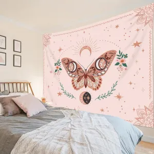 HVEST Pink Butterfly Tapestry Floral Plant Botanical Wall Art Bohemia Mandala Trippy Star Moon Tapestry Wall Hanging for Bedroom Living Room Party Wall Decor, 92.5W X 70.9H inches