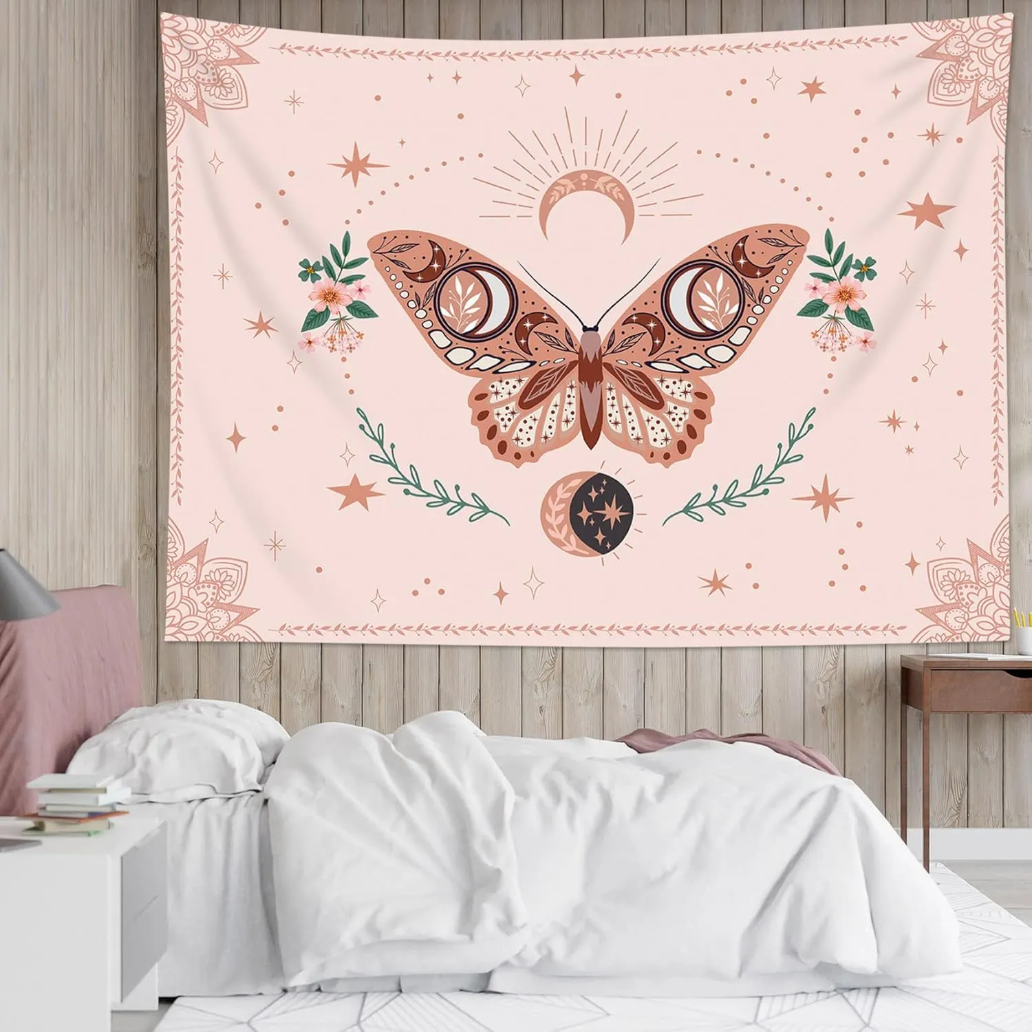 HVEST Pink Butterfly Tapestry Floral Plant Botanical Wall Art Bohemia Mandala Trippy Star Moon Tapestry Wall Hanging for Bedroom Living Room Party Wall Decor, 92.5W X 70.9H inches