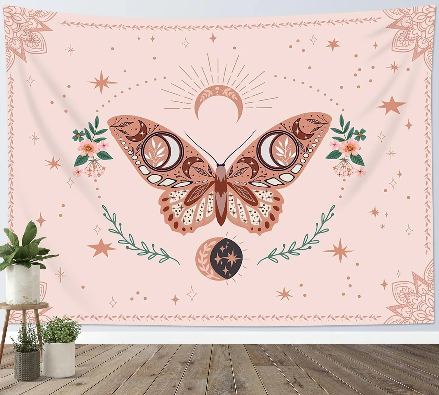 HVEST Pink Butterfly Tapestry Floral Plant Botanical Wall Art Bohemia Mandala Trippy Star Moon Tapestry Wall Hanging for Bedroom Living Room Party Wall Decor, 92.5W X 70.9H inches
