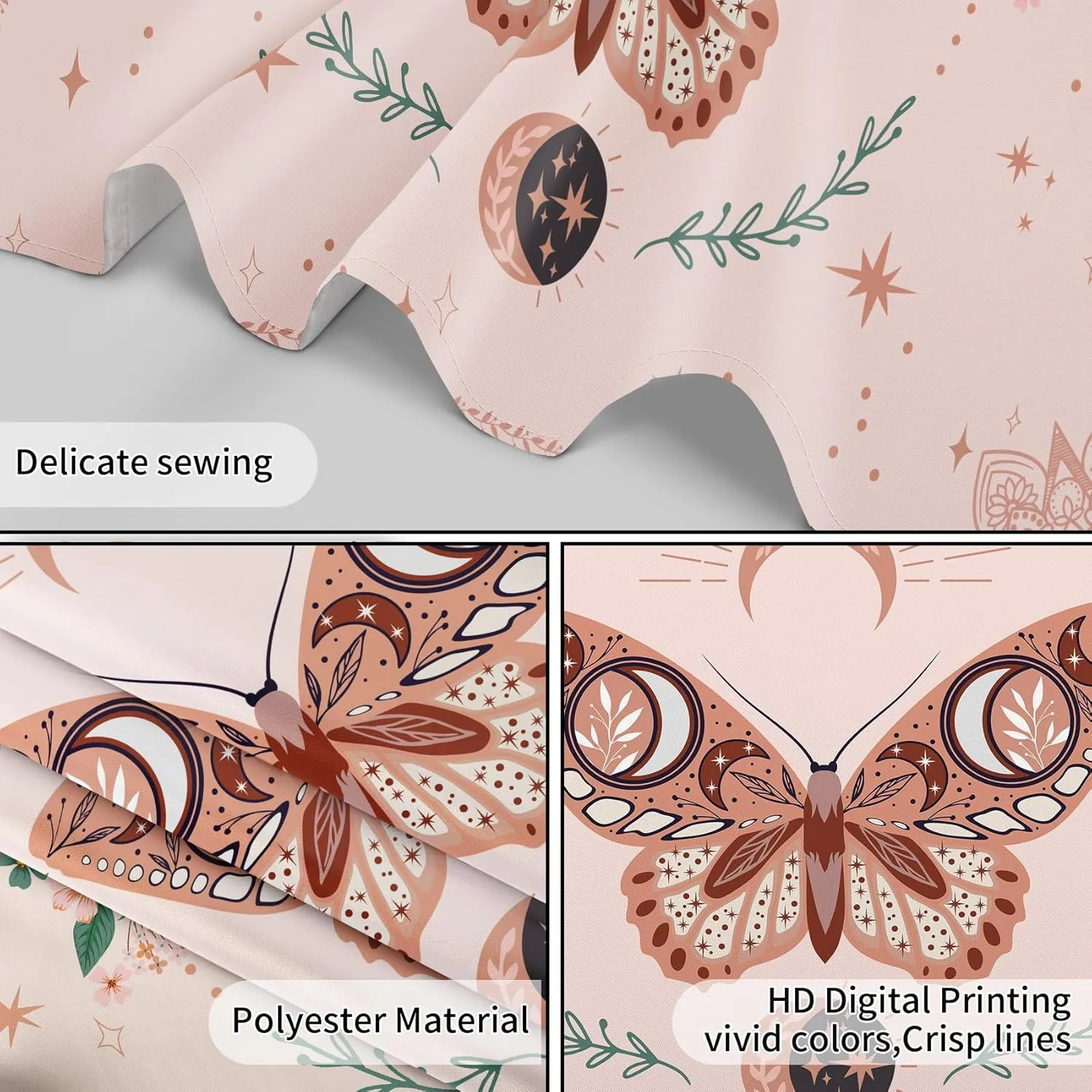HVEST Pink Butterfly Tapestry Floral Plant Botanical Wall Art Bohemia Mandala Trippy Star Moon Tapestry Wall Hanging for Bedroom Living Room Party Wall Decor, 92.5W X 70.9H inches
