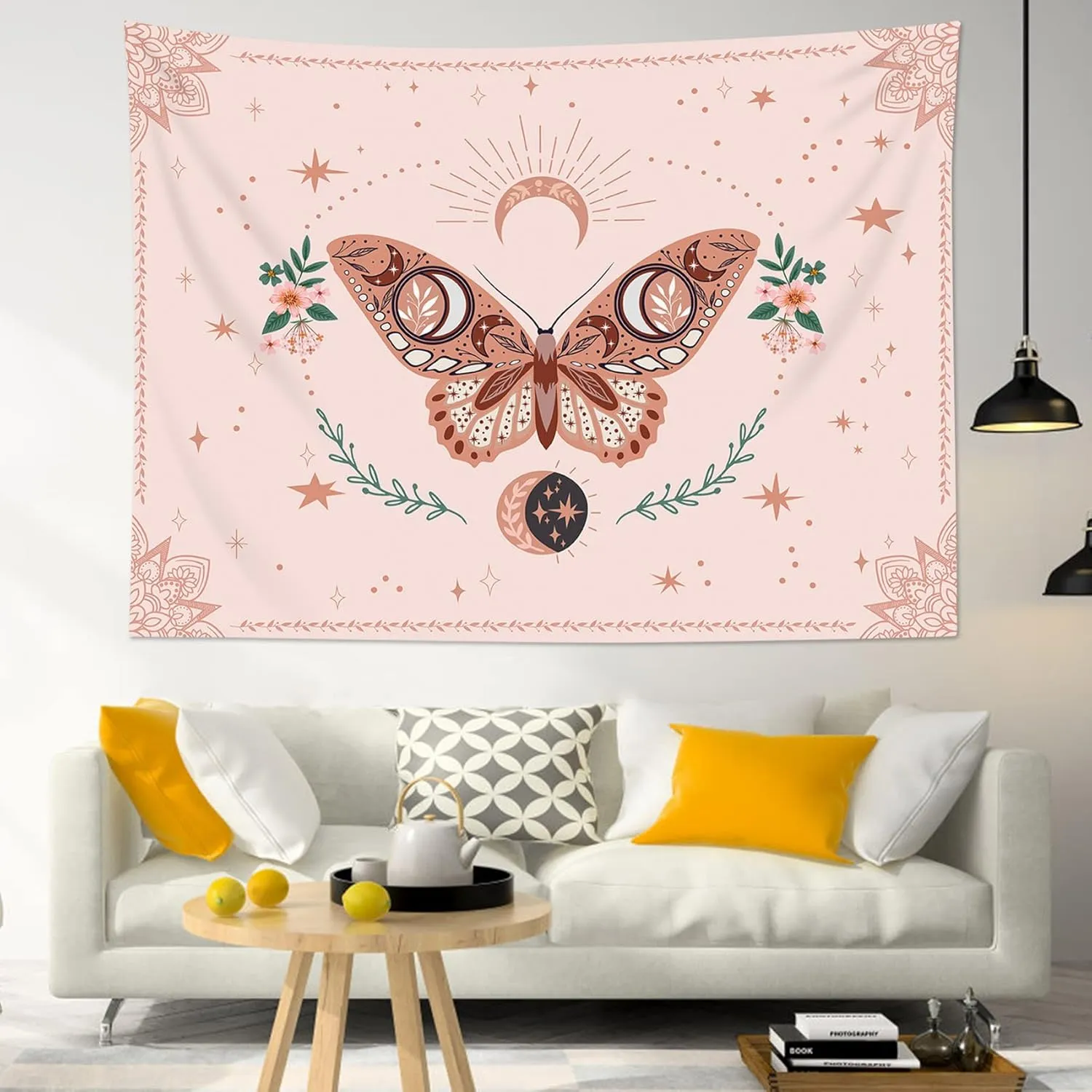 HVEST Pink Butterfly Tapestry Floral Plant Botanical Wall Art Bohemia Mandala Trippy Star Moon Tapestry Wall Hanging for Bedroom Living Room Party Wall Decor, 92.5W X 70.9H inches
