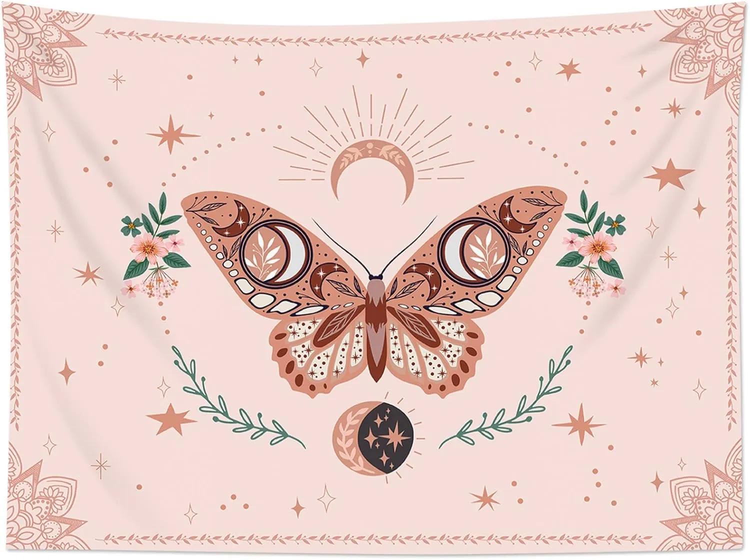 HVEST Pink Butterfly Tapestry Floral Plant Botanical Wall Art Bohemia Mandala Trippy Star Moon Tapestry Wall Hanging for Bedroom Living Room Party Wall Decor, 92.5W X 70.9H inches