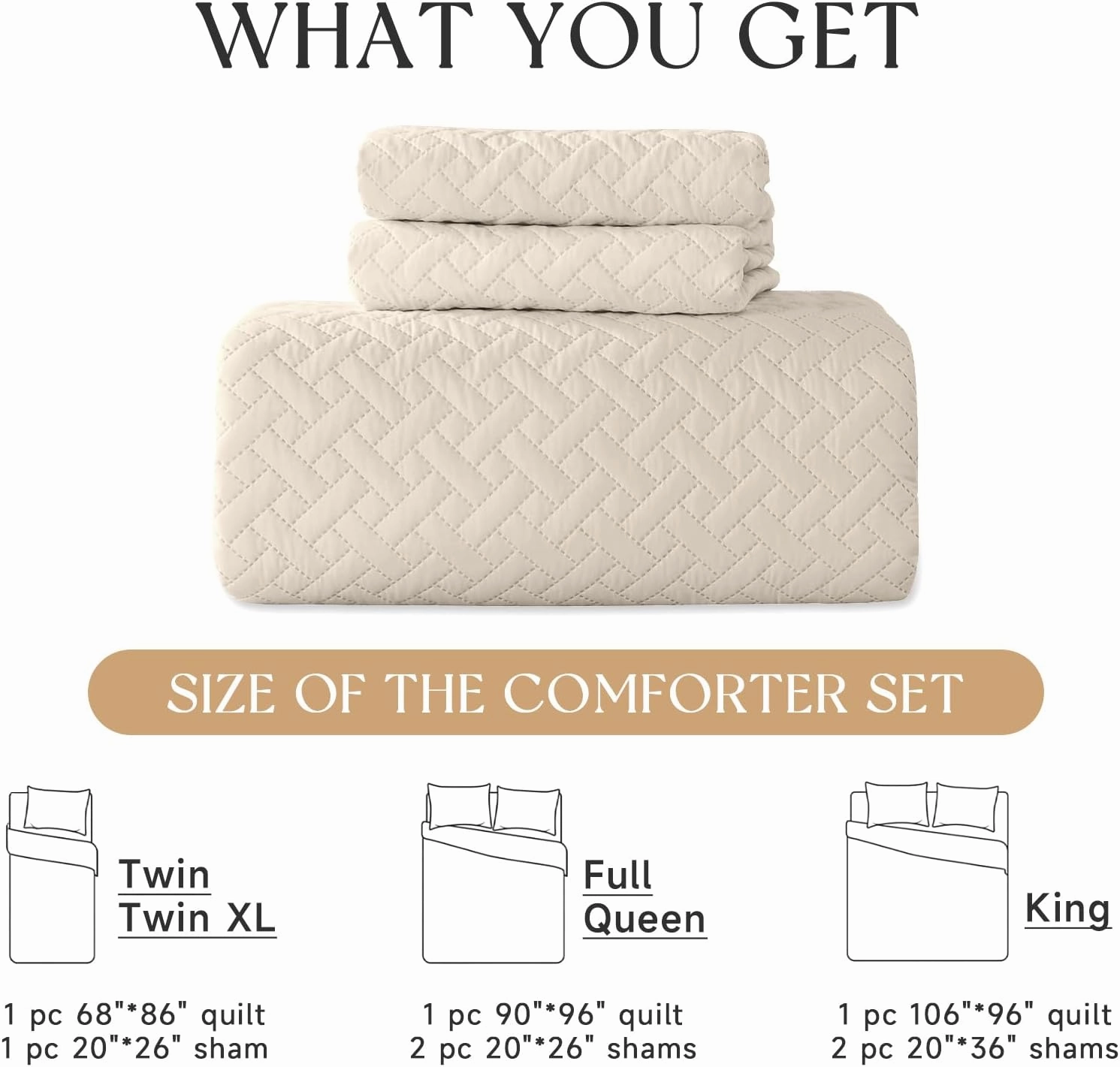 HYLEORY Quilt Set King Size - Soft Lightweight Quilts Summer Quilted Bedspreads - Reversible Coverlet Bedding Set for All Season 3 Piece (1 Quilt 106"x96", 2 Pillow Shams 20"x36") - Beige
