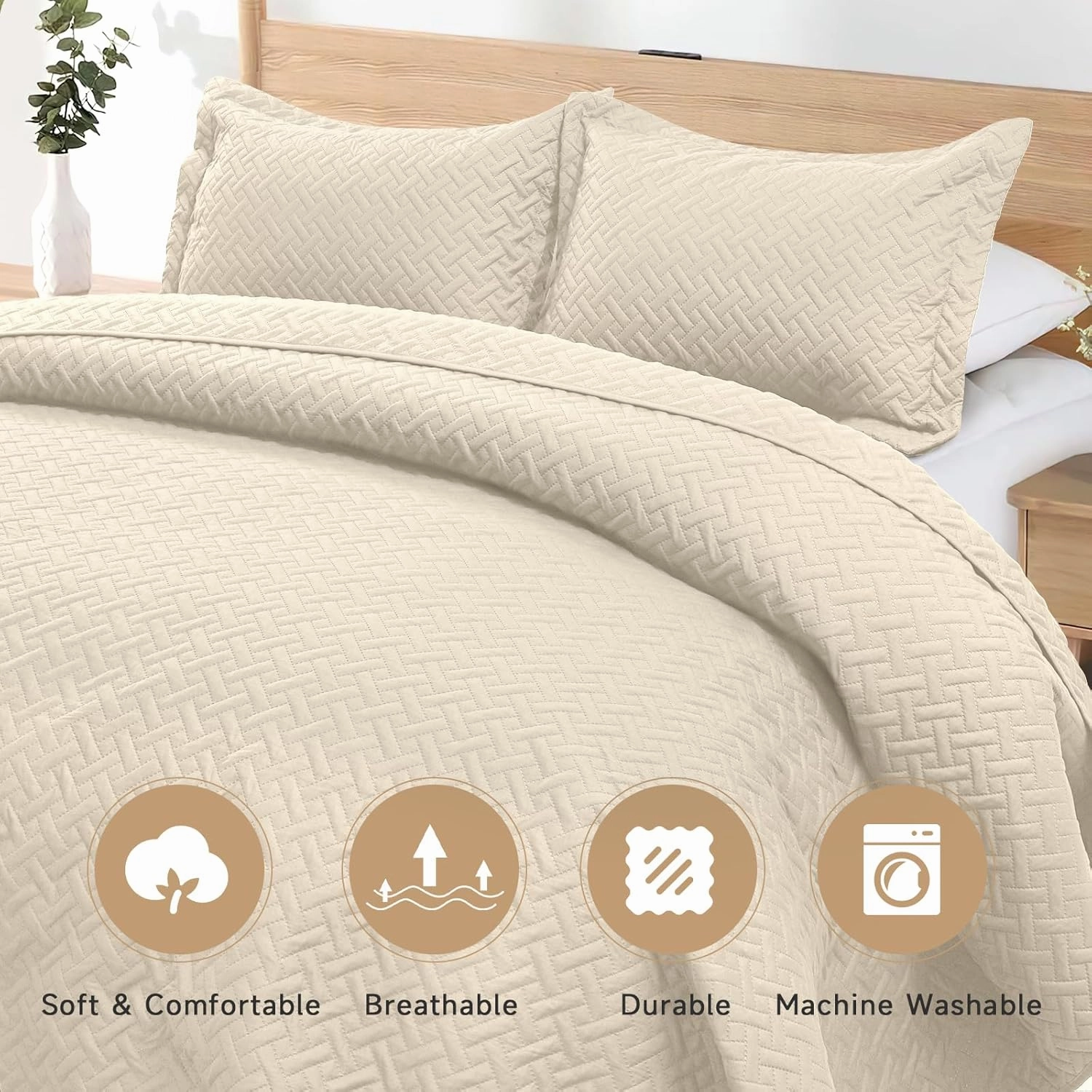 HYLEORY Quilt Set King Size - Soft Lightweight Quilts Summer Quilted Bedspreads - Reversible Coverlet Bedding Set for All Season 3 Piece (1 Quilt 106"x96", 2 Pillow Shams 20"x36") - Beige