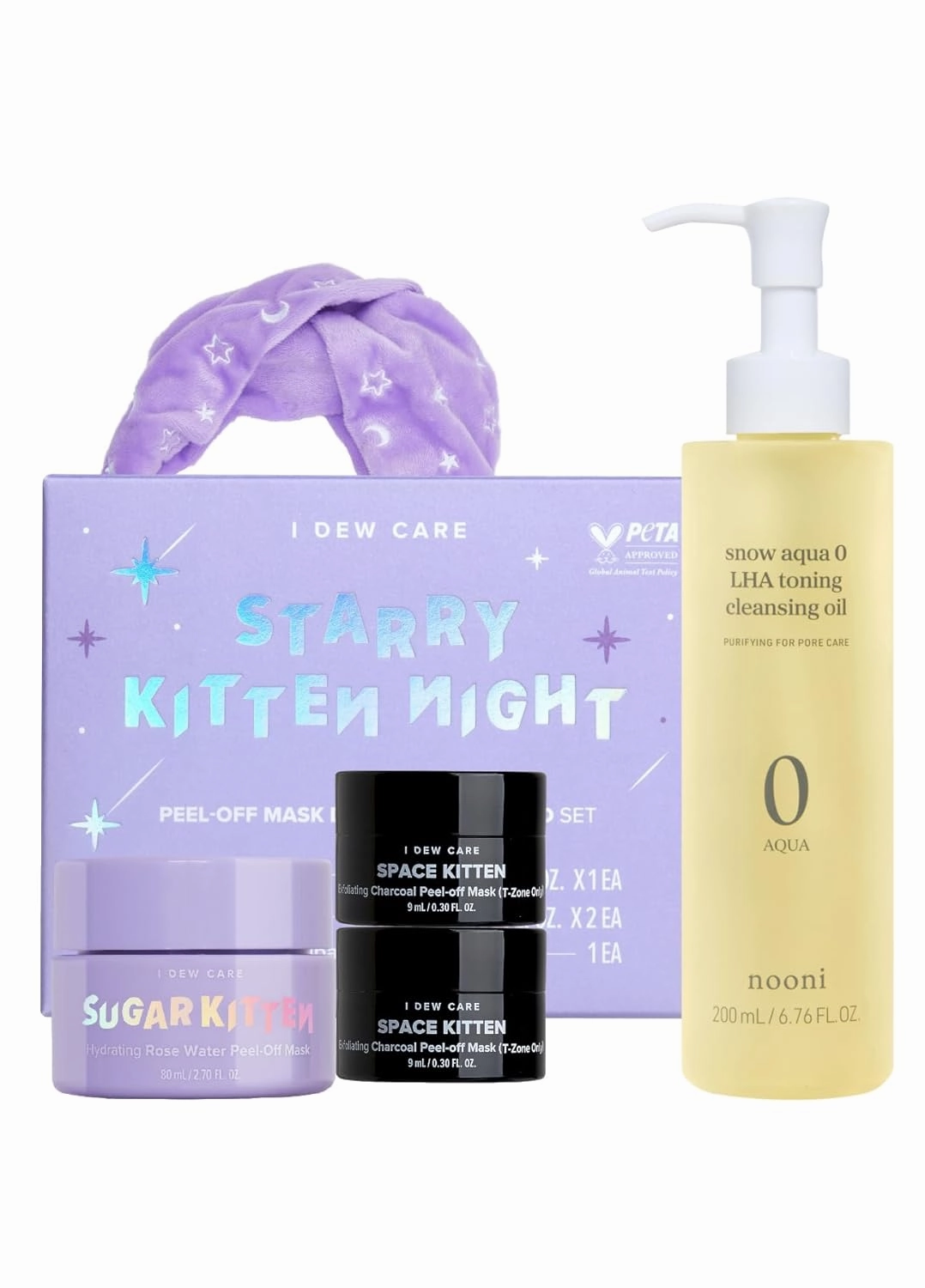 I DEW CARE Starry Kitten Night - Peel Off Masks and Headband Set   NOONI Korean Cleansing Oil - Snow Aqua 0 LHA Toning Pore Care Korean Facial Oil Cleanser, 6.76 fl.oz Bundle