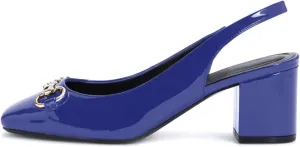 iadore Women Fashion Patent Leather Low Block Heel Pumps Chic Slingbacks with Gold Studded Round Toes Shoes Size 5-12 US