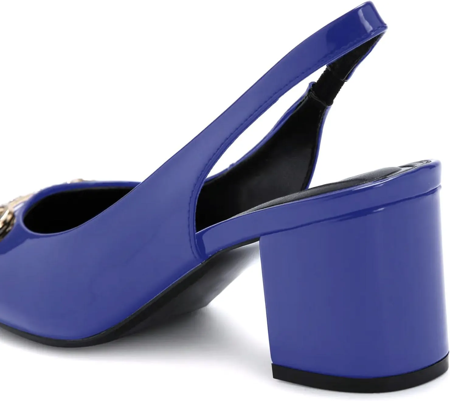 iadore Women Fashion Patent Leather Low Block Heel Pumps Chic Slingbacks with Gold Studded Round Toes Shoes Size 5-12 US