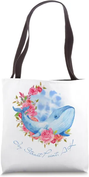 Icy Strait Point, AK Watercolor Whale and Rose Flowers Tote Bag