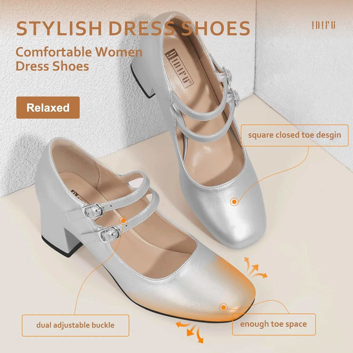 IDIFU IN2 Mary Jane Shoes Women Dress Shoes Women's Pumps Chunky Low Block Heels Square Closed Toe Strappy Wedding Business Bride Comfortable Short Graduation Two Strap Cute Vintage Heels Pumps Shoes