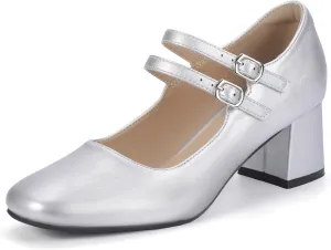 IDIFU IN2 Mary Jane Shoes Women Dress Shoes Women's Pumps Chunky Low Block Heels Square Closed Toe Strappy Wedding Business Bride Comfortable Short Graduation Two Strap Cute Vintage Heels Pumps Shoes