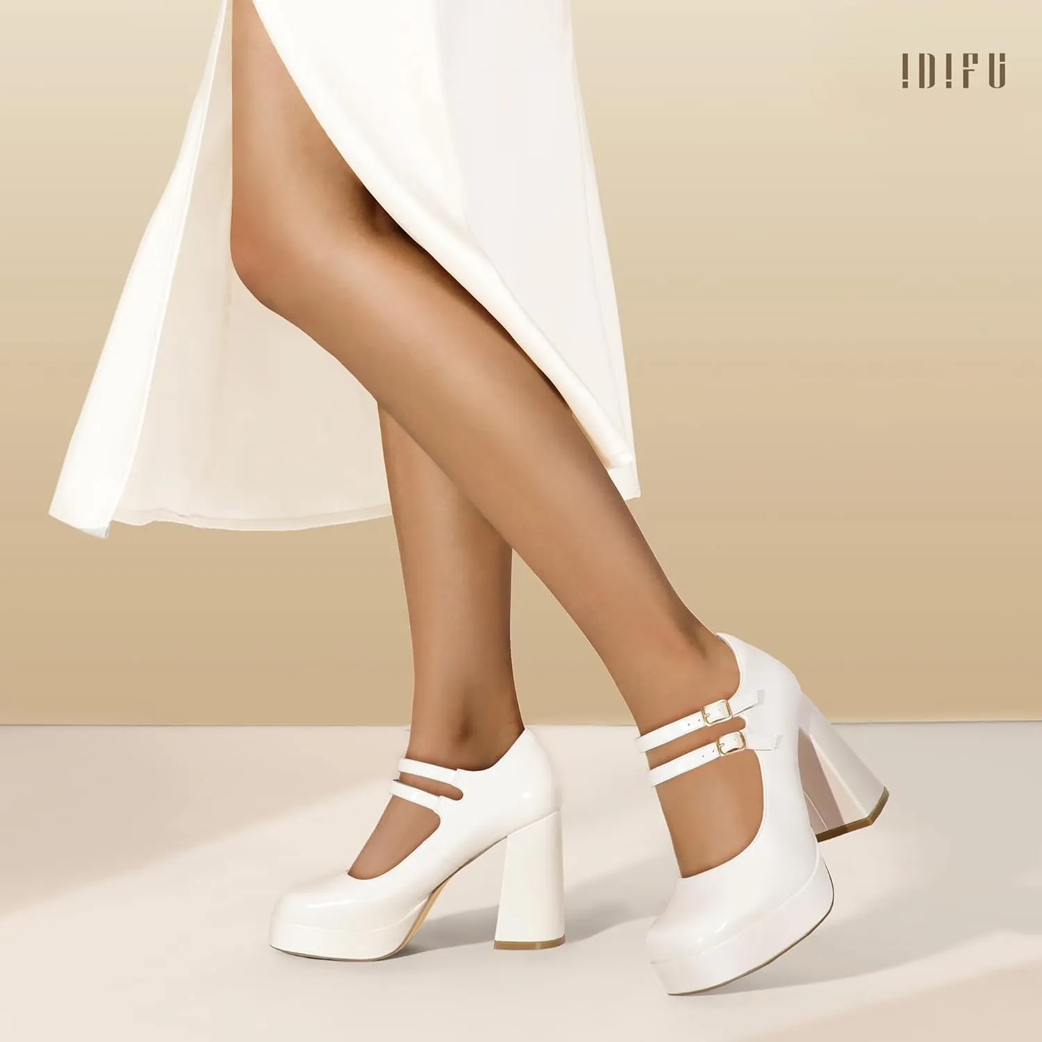 IDIFU IN4 Mary Jane Shoes Platform Chunky High Heels Closed Toe Dress Shoes for Women Wedding Work Business Homecoming Party Shoes Comfortable Casual Dressy Square Toe Heels Pumps