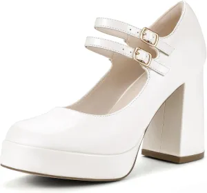 IDIFU IN4 Mary Jane Shoes Platform Chunky High Heels Closed Toe Dress Shoes for Women Wedding Work Business Homecoming Party Shoes Comfortable Casual Dressy Square Toe Heels Pumps