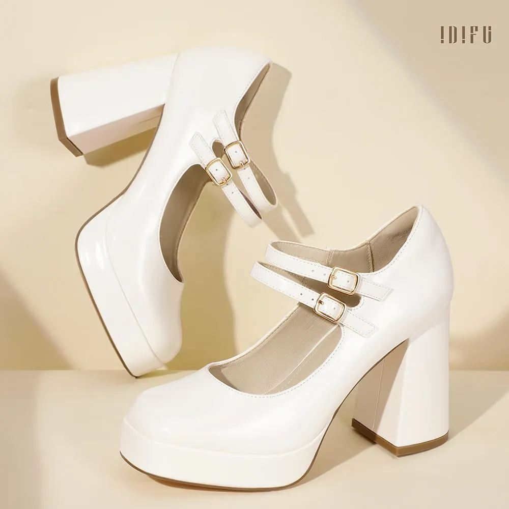 IDIFU IN4 Mary Jane Shoes Platform Chunky High Heels Closed Toe Dress Shoes for Women Wedding Work Business Homecoming Party Shoes Comfortable Casual Dressy Square Toe Heels Pumps
