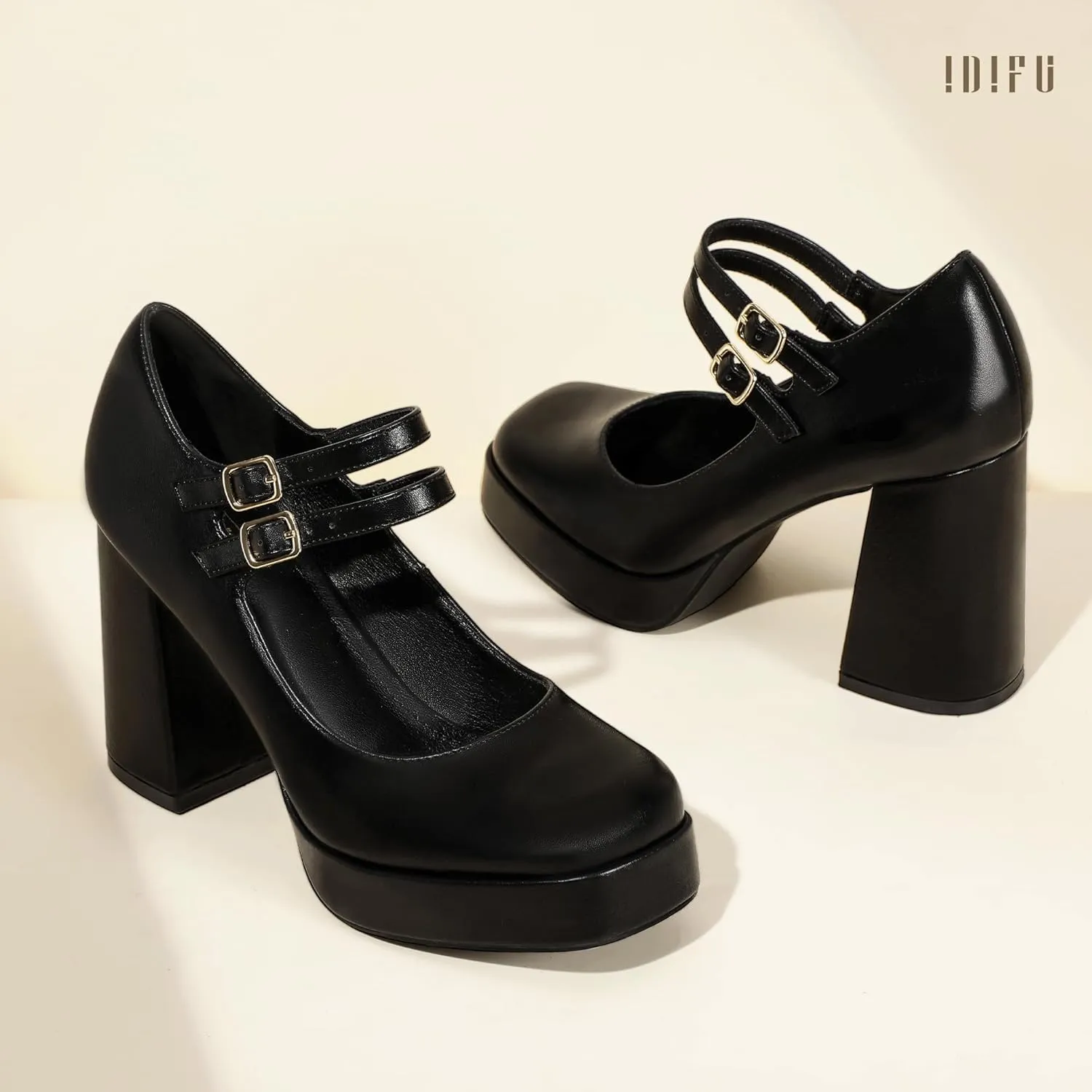IDIFU IN4 Mary Jane Shoes Platform Chunky High Heels Closed Toe Dress Shoes for Women Wedding Work Business Homecoming Party Shoes Comfortable Casual Dressy Square Toe Heels Pumps