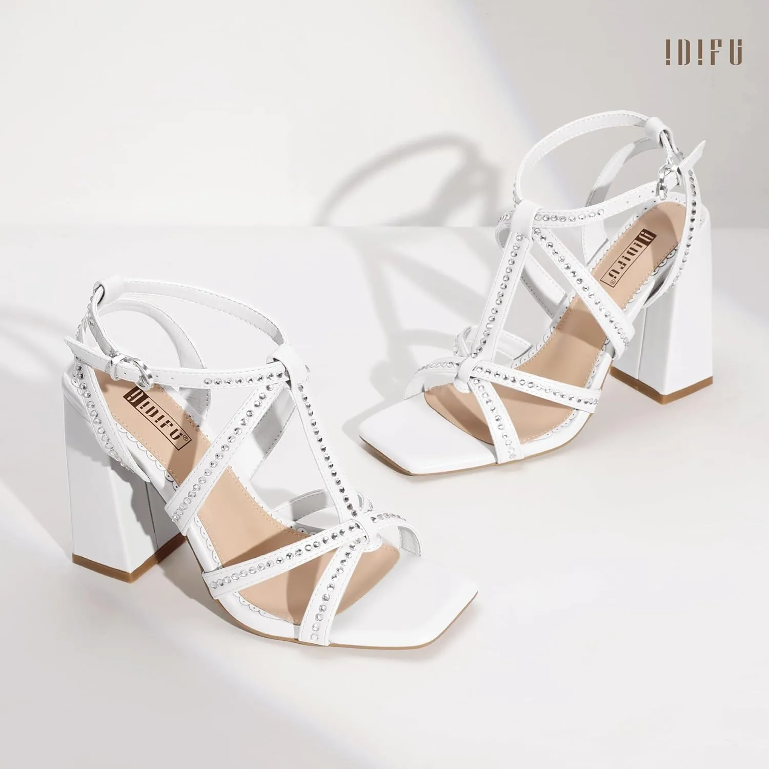 IDIFU IN4 Rhinestone Heels for Women Strappy High Chunky Block Heels Square Toe Slingback Dress Shoes Wedding Bridal Prom Party Heeled Sandals Dressy Sexy Sparkly Thick Heels