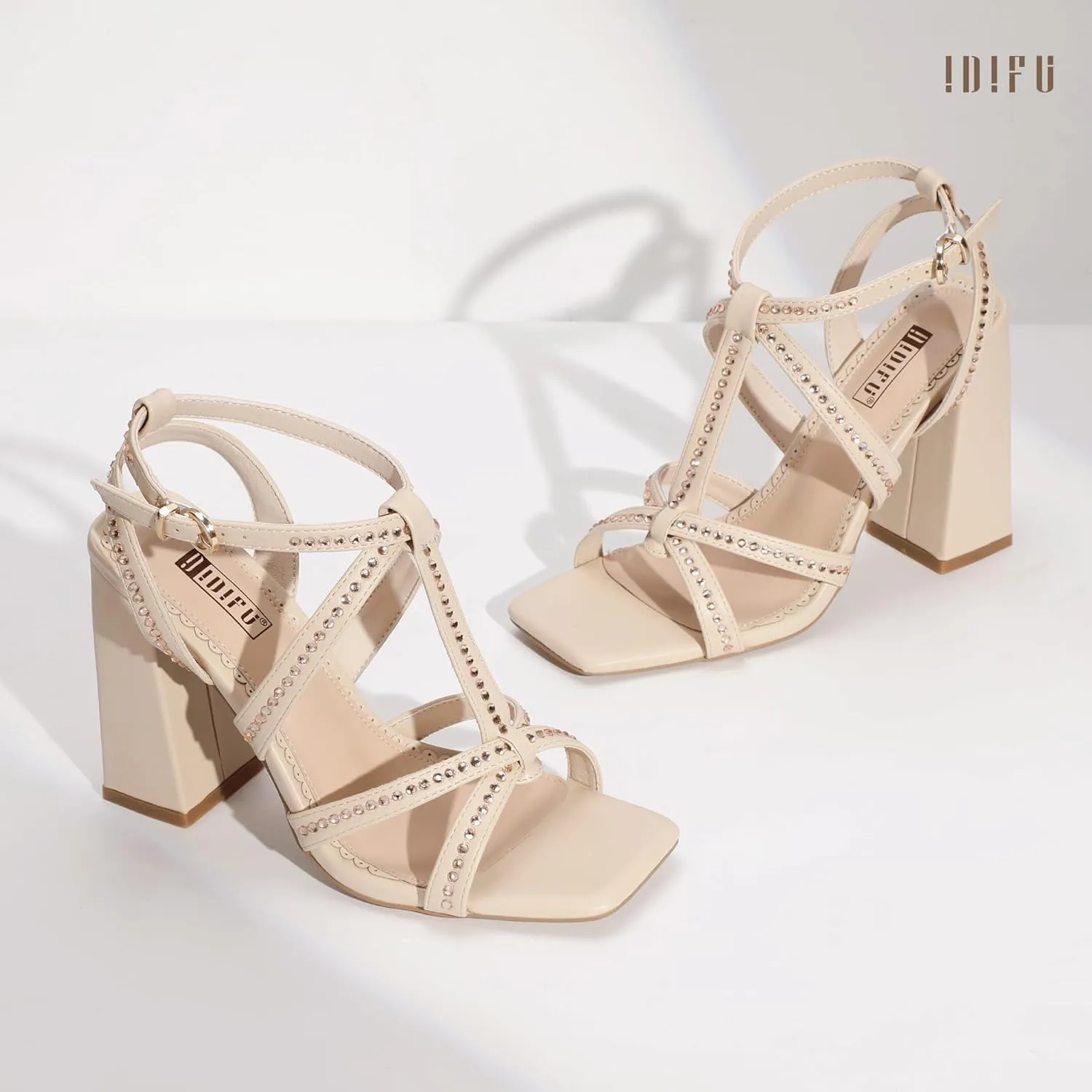 IDIFU IN4 Rhinestone Heels for Women Strappy High Chunky Block Heels Square Toe Slingback Dress Shoes Wedding Bridal Prom Party Heeled Sandals Dressy Sexy Sparkly Thick Heels
