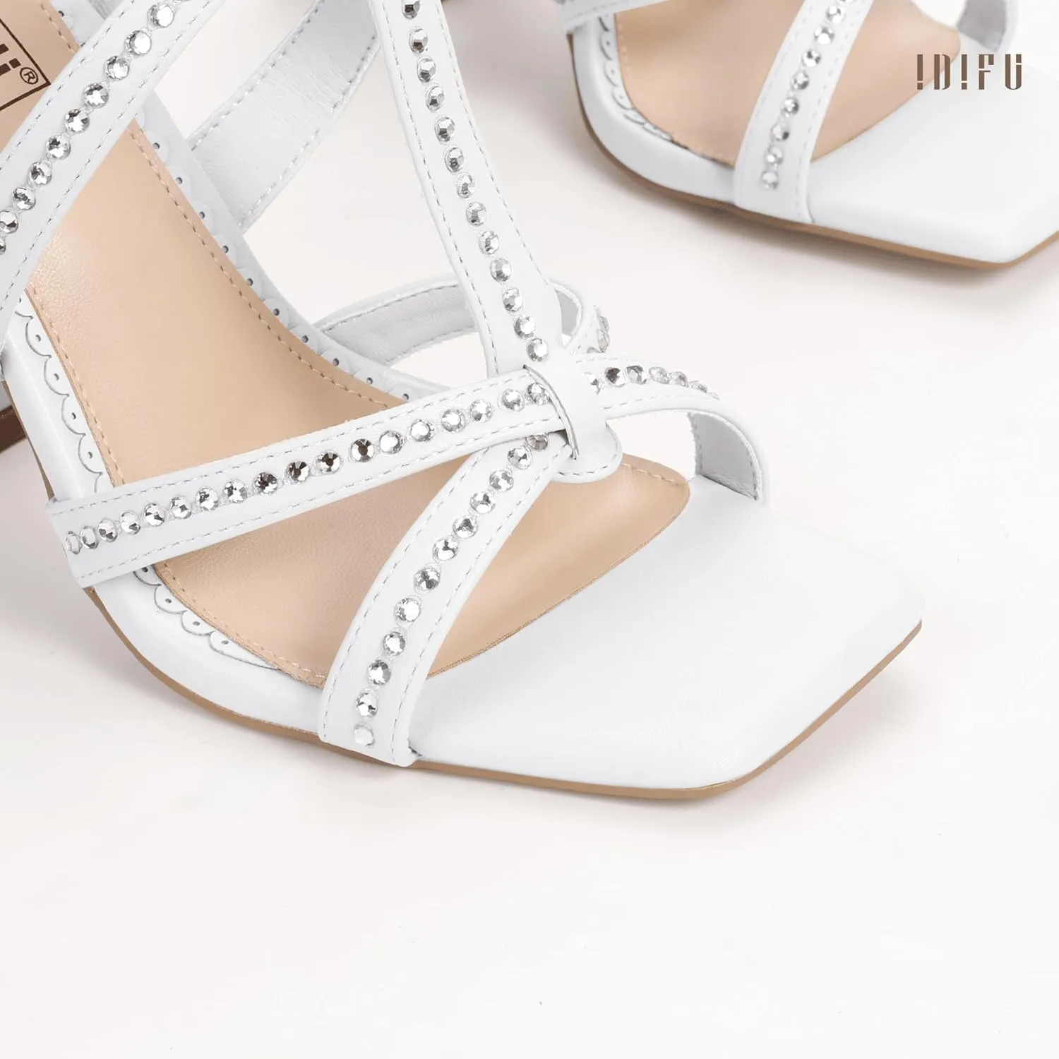 IDIFU IN4 Rhinestone Heels for Women Strappy High Chunky Block Heels Square Toe Slingback Dress Shoes Wedding Bridal Prom Party Heeled Sandals Dressy Sexy Sparkly Thick Heels