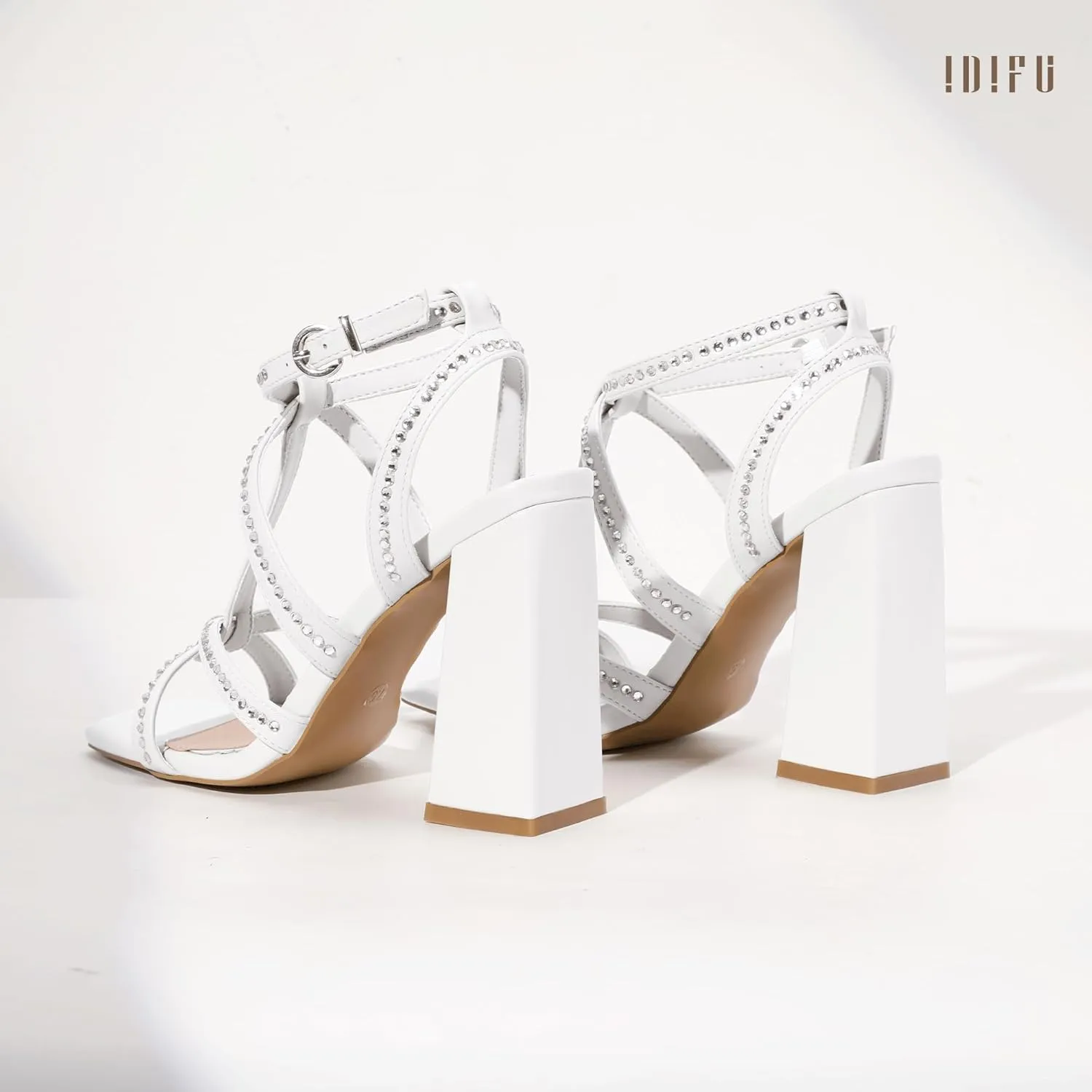 IDIFU IN4 Rhinestone Heels for Women Strappy High Chunky Block Heels Square Toe Slingback Dress Shoes Wedding Bridal Prom Party Heeled Sandals Dressy Sexy Sparkly Thick Heels