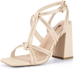 IDIFU IN4 Rhinestone Heels for Women Strappy High Chunky Block Heels Square Toe Slingback Dress Shoes Wedding Bridal Prom Party Heeled Sandals Dressy Sexy Sparkly Thick Heels