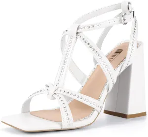 IDIFU IN4 Rhinestone Heels for Women Strappy High Chunky Block Heels Square Toe Slingback Dress Shoes Wedding Bridal Prom Party Heeled Sandals Dressy Sexy Sparkly Thick Heels