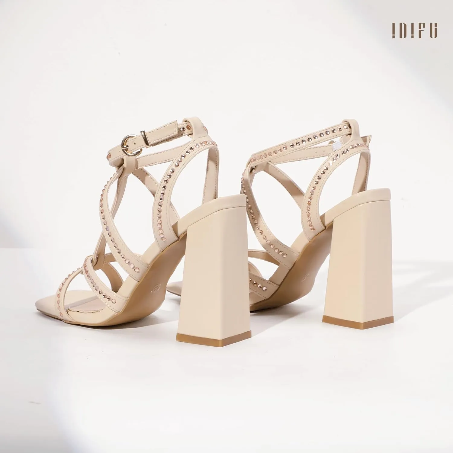 IDIFU IN4 Rhinestone Heels for Women Strappy High Chunky Block Heels Square Toe Slingback Dress Shoes Wedding Bridal Prom Party Heeled Sandals Dressy Sexy Sparkly Thick Heels