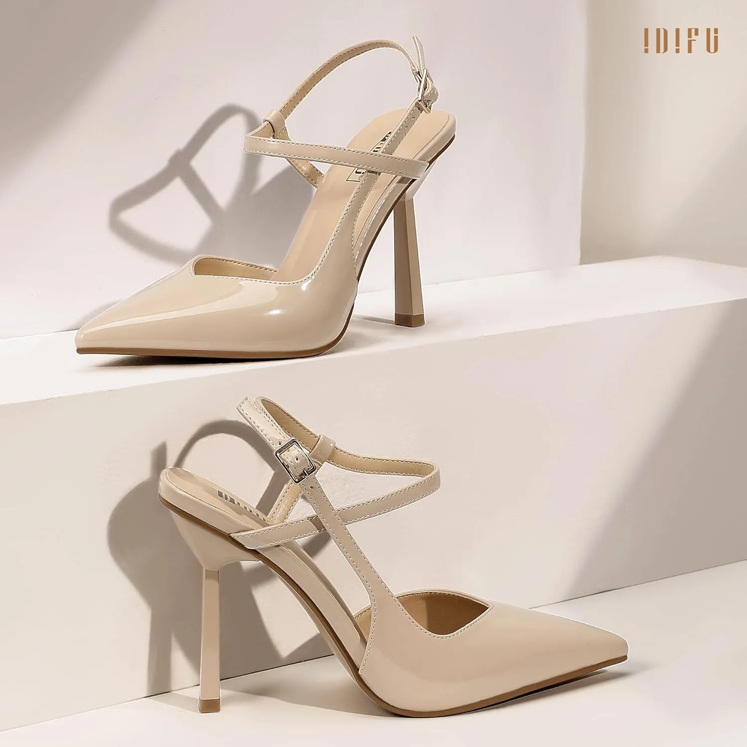 IDIFU IN4 Slingback Heels for Women Stiletto High Pumps Pointed Closed Toe Strappy Sexy Heels Women's Dress Shoes for Bride Wedding Prom Night Dressy Comfortable Ankle Strap Pumps