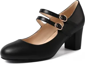 IDIFU Women's Dress Shoes for Women Pumps Mary Jane Heels Low Block Round Closed Toe Wedding Office Work