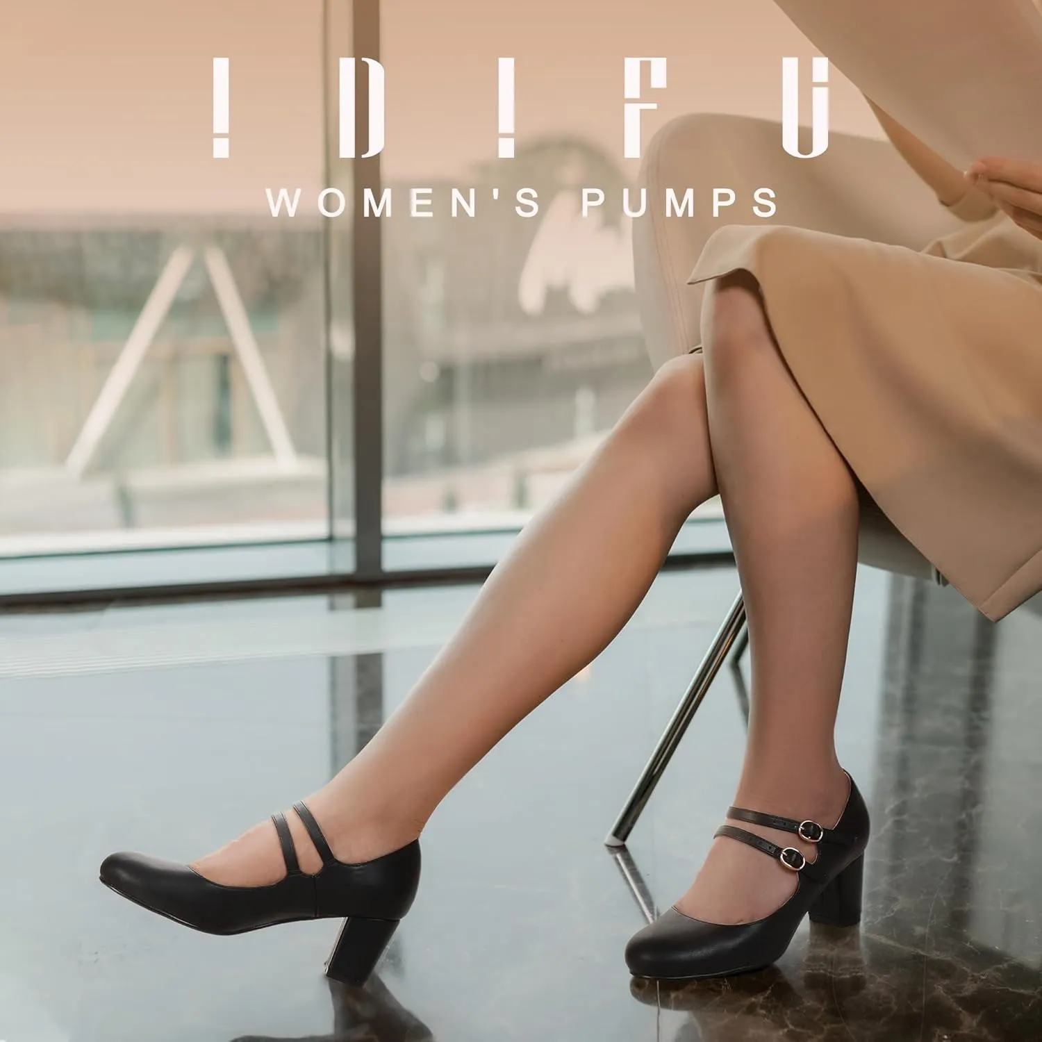 IDIFU Women's Dress Shoes for Women Pumps Mary Jane Heels Low Block Round Closed Toe Wedding Office Work