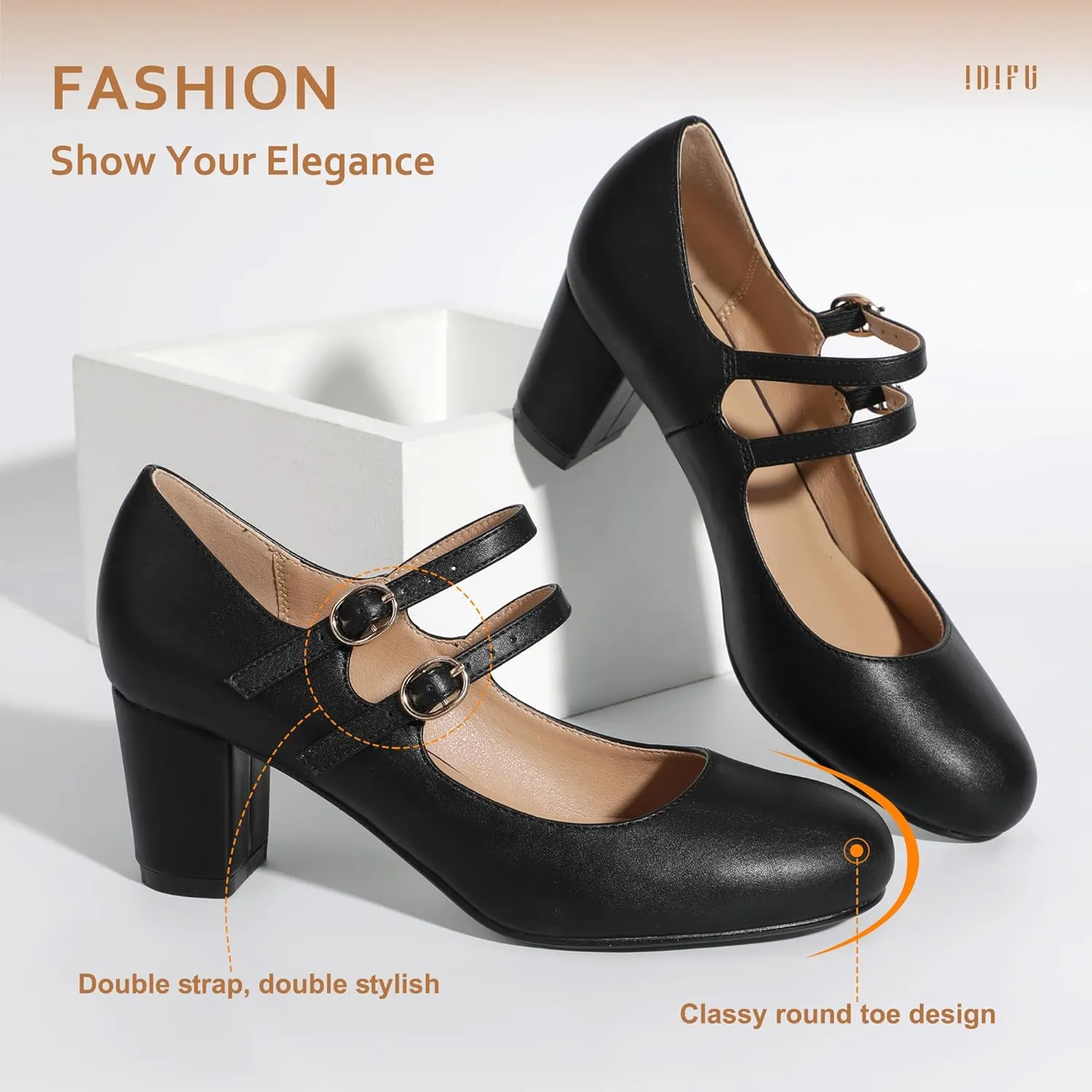 IDIFU Women's Dress Shoes for Women Pumps Mary Jane Heels Low Block Round Closed Toe Wedding Office Work