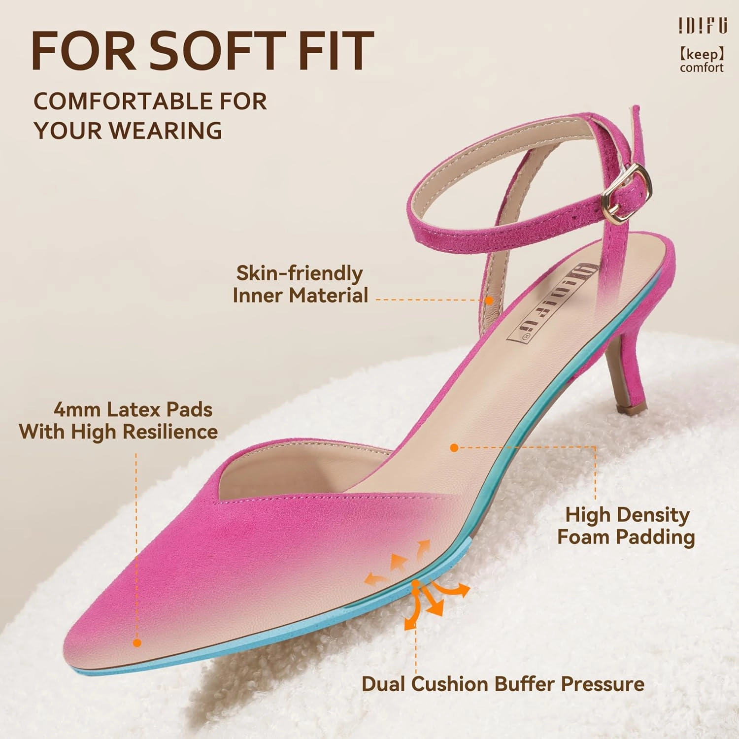 IDIFU IN2 Women's Pumps Closed Toe Kitten Heels Slingback Low Pointed Toe Short Ankle Strap Heels Wedding Bride Prom Bridal Work Dress Shoes for Women Comfortable Cute Trendy Pumps Shoes