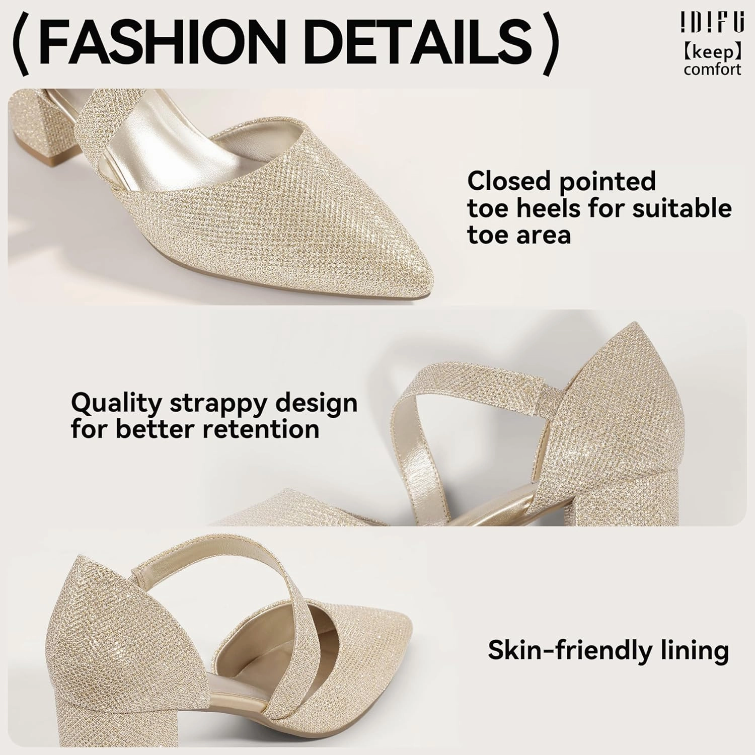 IDIFU IN2 Women's Pumps Closed Toe Strappy Heels Low Block Chunky Heels Dressy Wedding Bride Bridesmaid Prom Graduation Business Dress Shoes for Women Comfortable Formal Pointed Toe Short Small Heels