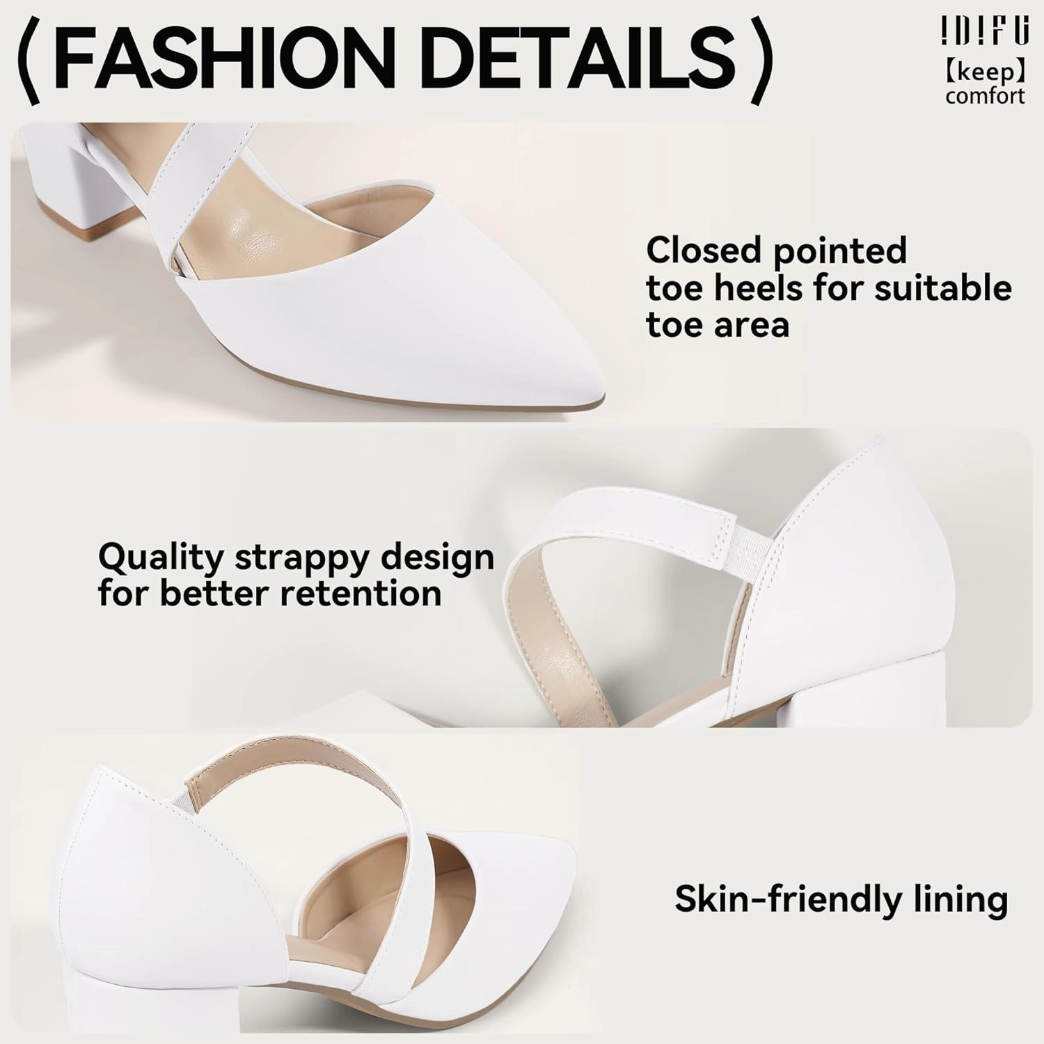 IDIFU IN2 Women's Pumps Closed Toe Strappy Heels Low Block Chunky Heels Dressy Wedding Bride Bridesmaid Prom Graduation Business Dress Shoes for Women Comfortable Formal Pointed Toe Short Small Heels