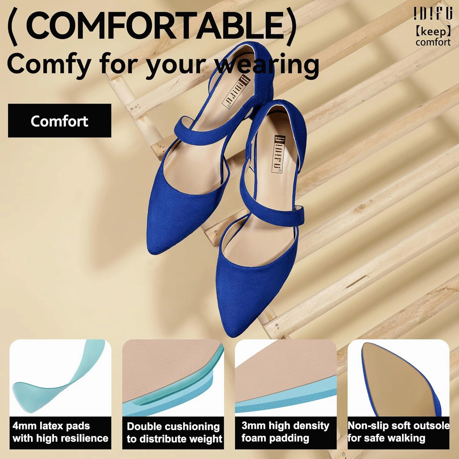 IDIFU IN2 Women's Pumps Closed Toe Strappy Heels Low Block Chunky Heels Dressy Wedding Bride Bridesmaid Prom Graduation Business Dress Shoes for Women Comfortable Formal Pointed Toe Short Small Heels