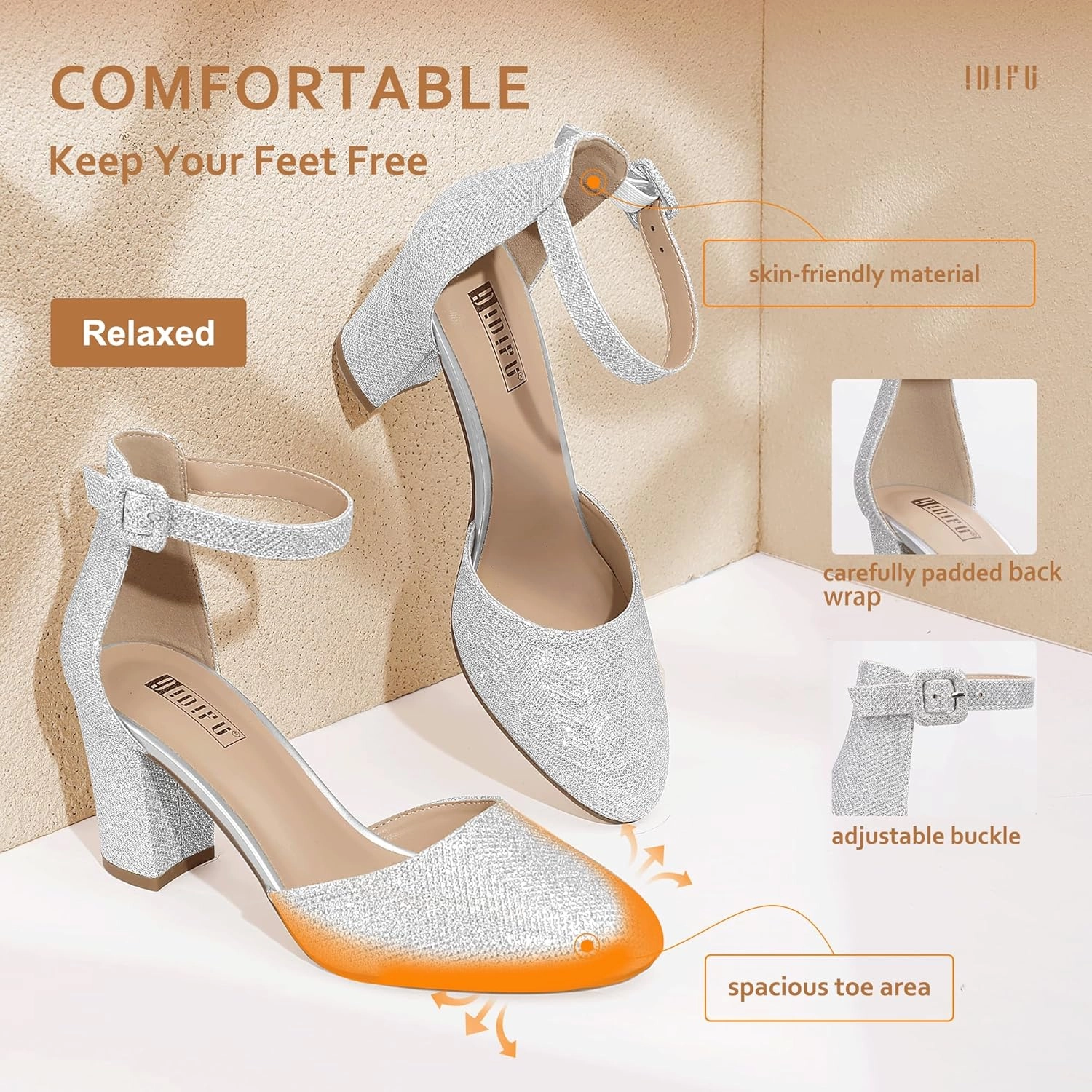 IDIFU IN3 Chunky Block Heels - Women's Pumps for Dress, Wedding, Bridal, Homecoming, Prom & Work - Comfortable Ankle Strap, Round Toe, Thick Heels