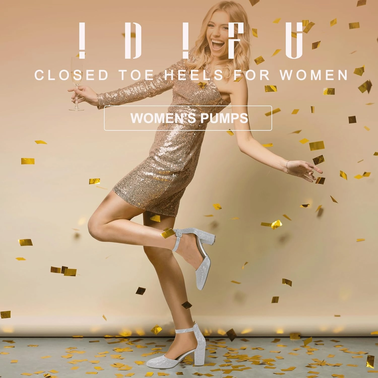 IDIFU IN3 Chunky Block Heels - Women's Pumps for Dress, Wedding, Bridal, Homecoming, Prom & Work - Comfortable Ankle Strap, Round Toe, Thick Heels