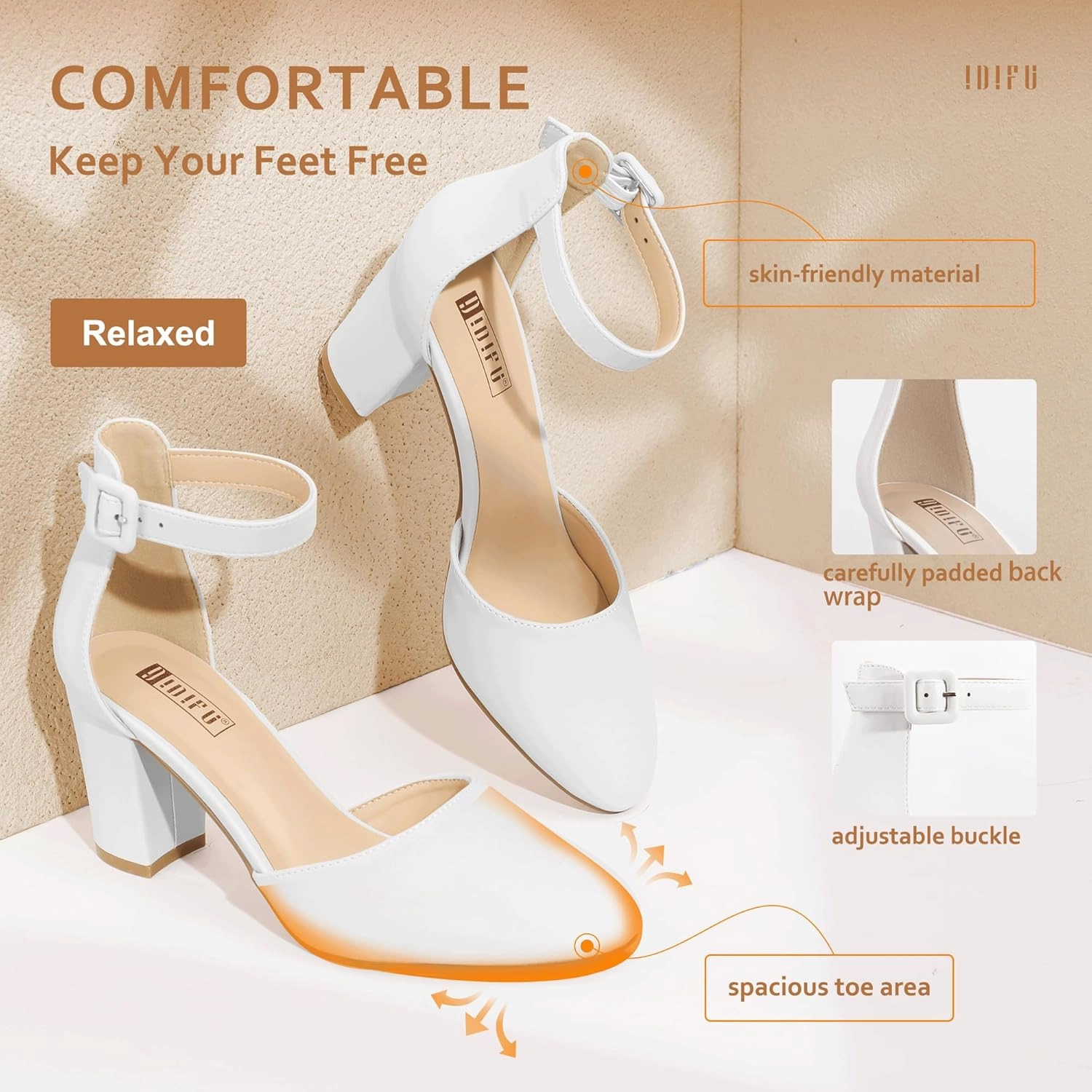 IDIFU IN3 Chunky Block Heels - Women's Pumps for Dress, Wedding, Bridal, Homecoming, Prom & Work - Comfortable Ankle Strap, Round Toe, Thick Heels
