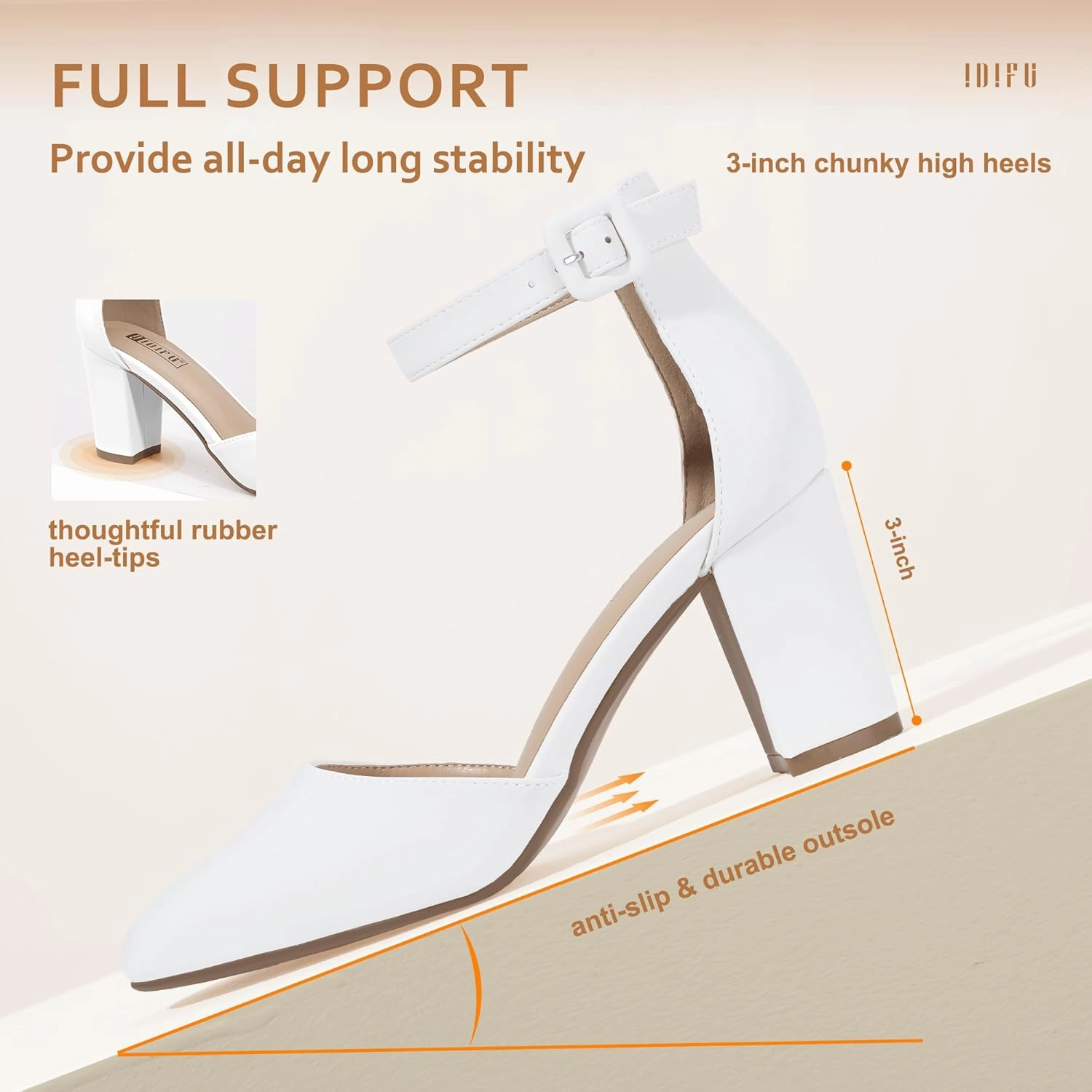 IDIFU IN3 Chunky Block Heels - Women's Pumps for Dress, Wedding, Bridal, Homecoming, Prom & Work - Comfortable Ankle Strap, Round Toe, Thick Heels