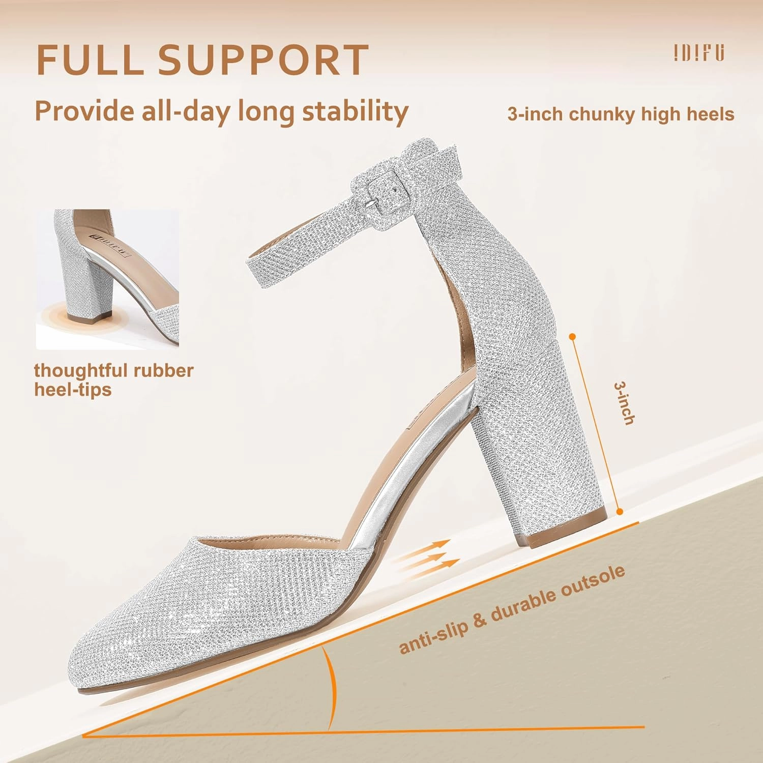 IDIFU IN3 Chunky Block Heels - Women's Pumps for Dress, Wedding, Bridal, Homecoming, Prom & Work - Comfortable Ankle Strap, Round Toe, Thick Heels