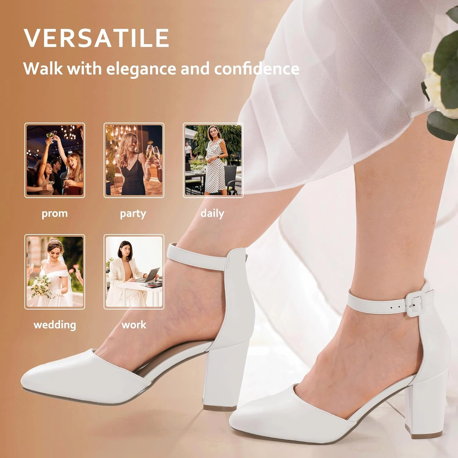 IDIFU IN3 Chunky Block Heels - Women's Pumps for Dress, Wedding, Bridal, Homecoming, Prom & Work - Comfortable Ankle Strap, Round Toe, Thick Heels