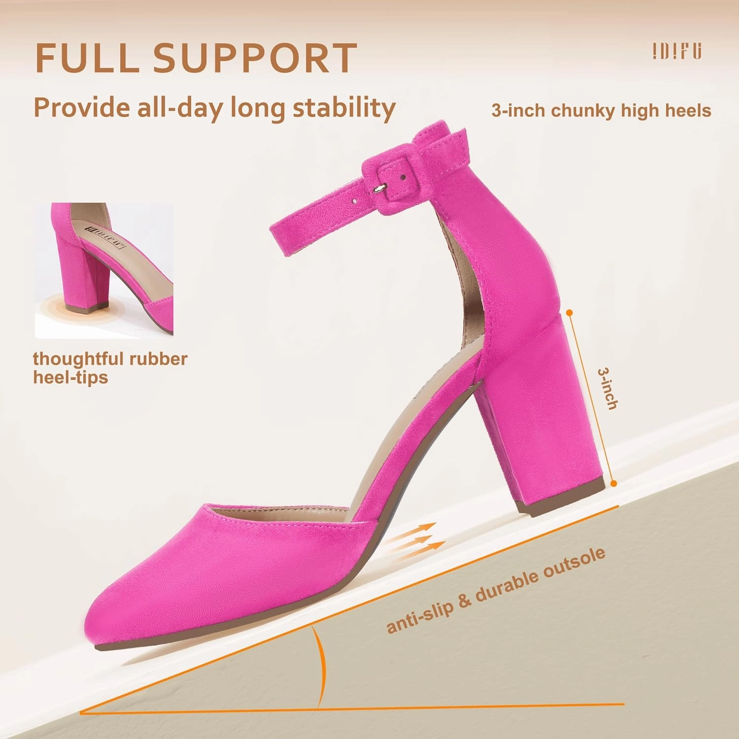 IDIFU IN3 Chunky Block Heels - Women's Pumps for Dress, Wedding, Bridal, Homecoming, Prom & Work - Comfortable Ankle Strap, Round Toe, Thick Heels