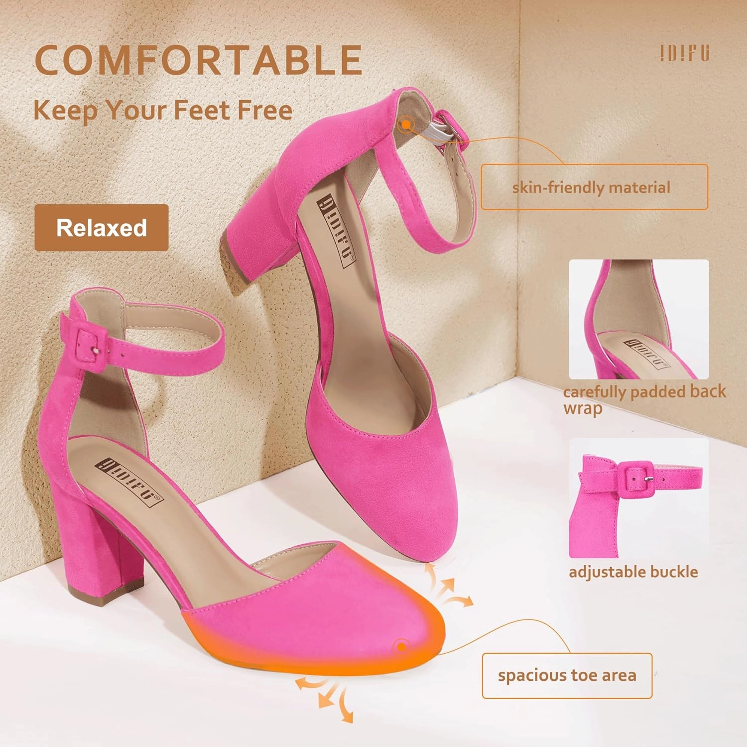 IDIFU IN3 Chunky Block Heels - Women's Pumps for Dress, Wedding, Bridal, Homecoming, Prom & Work - Comfortable Ankle Strap, Round Toe, Thick Heels