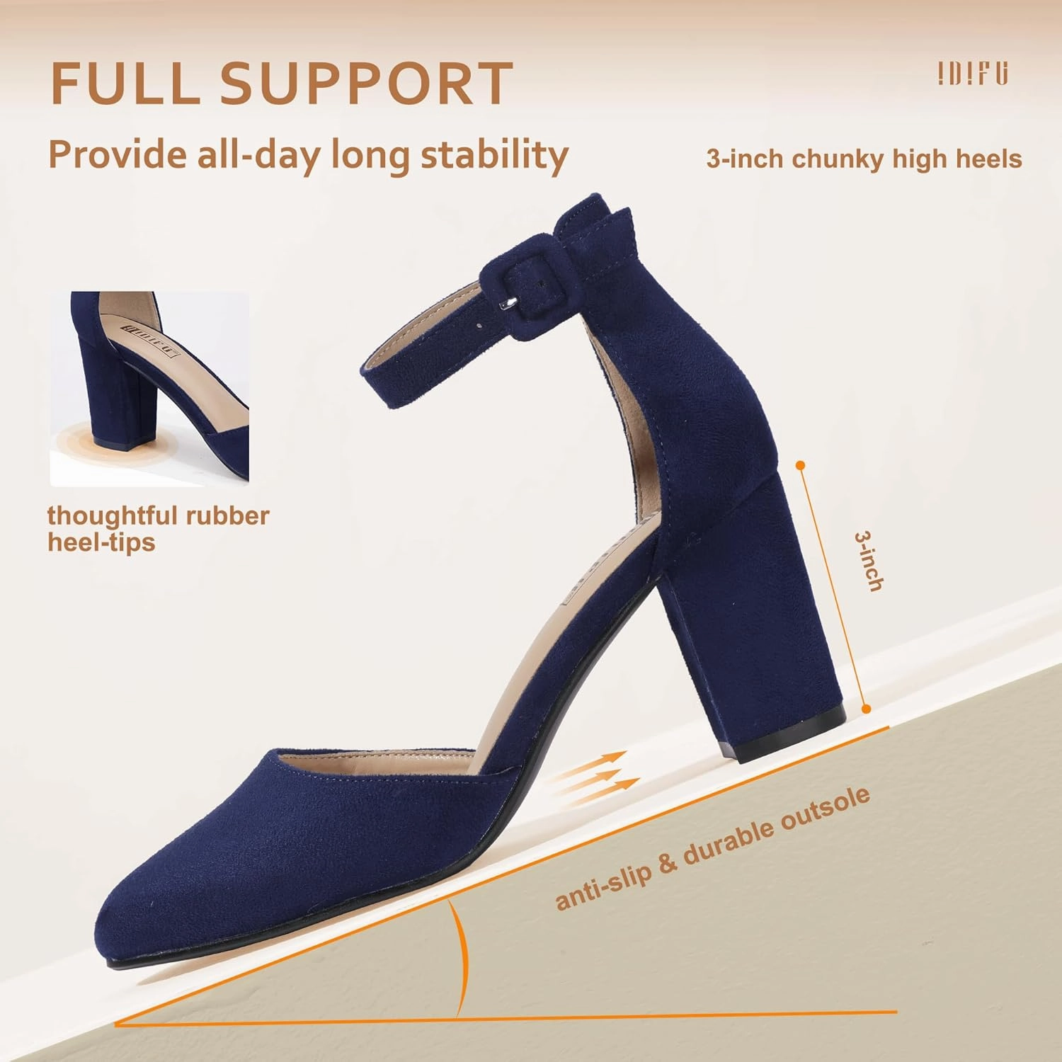 IDIFU IN3 Chunky Block Heels - Women's Pumps for Dress, Wedding, Bridal, Homecoming, Prom & Work - Comfortable Ankle Strap, Round Toe, Thick Heels
