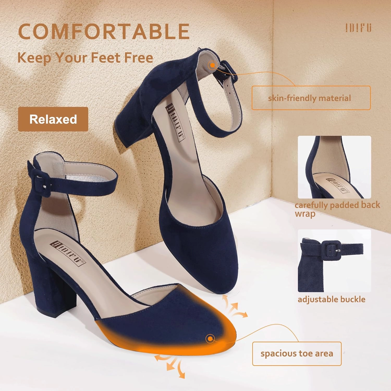 IDIFU IN3 Chunky Block Heels - Women's Pumps for Dress, Wedding, Bridal, Homecoming, Prom & Work - Comfortable Ankle Strap, Round Toe, Thick Heels