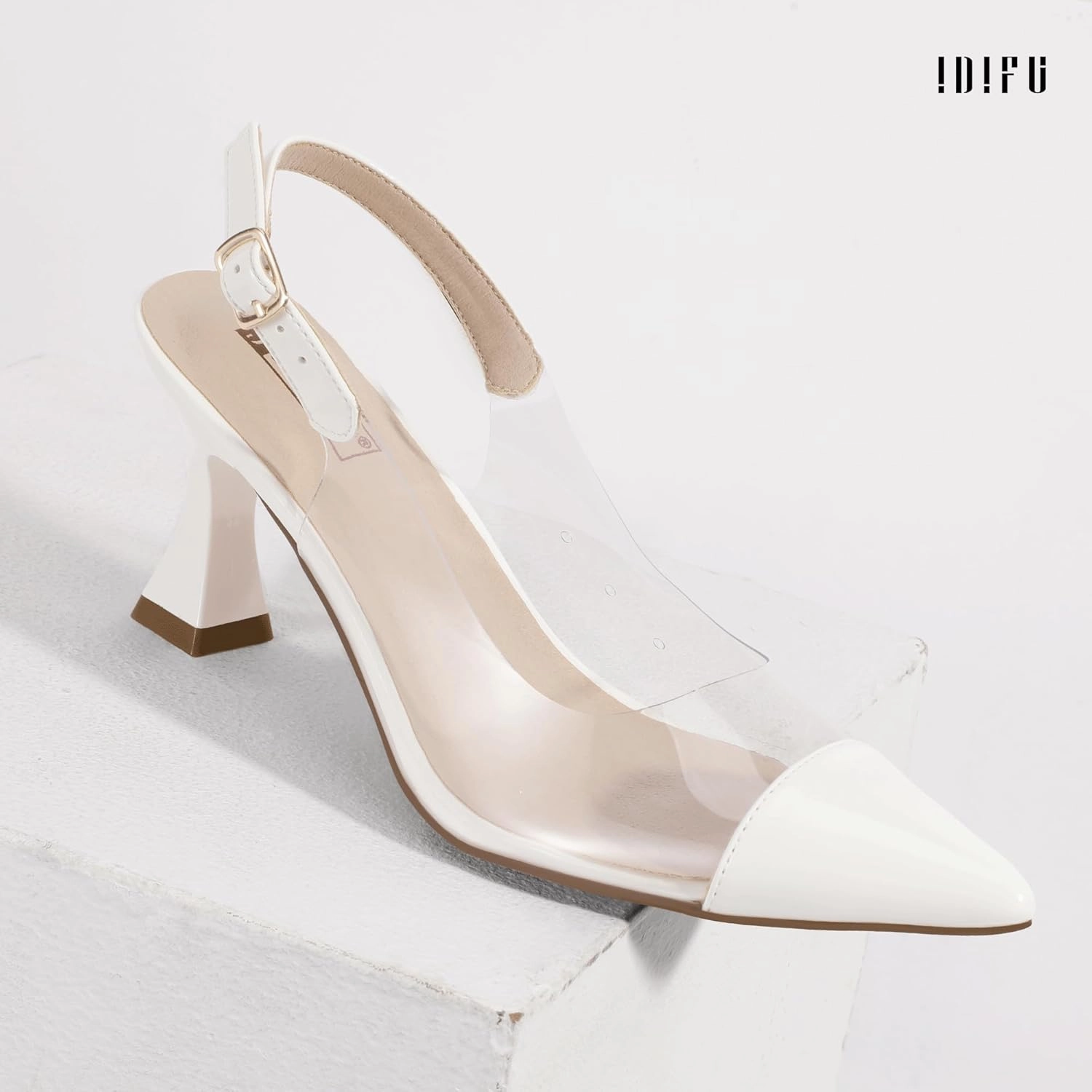 IDIFU IN3 Clear Kitten Heels Women's Pumps Closed Pointed Toe Slingback Low Short Heels Dress Shoes for Women Wedding Bridal Bridesmaid Prom Party Sexy Dressy Cute Trendy Pumps Shoes